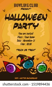  Halloween pattern. Bowling ball with witch hat, pumpkins, flying bats, tree and castle on the background of the moon. Pattern for banner, poster, greeting card, party invitation. Vector illustration