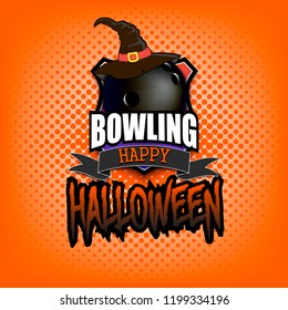 Halloween pattern. Bowling logo template design. Volleyball ball with witch hat. Pattern for banner, poster, greeting card, party invitation. Vector illustration