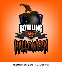 Halloween pattern. Bowling logo template design. Bowling ball with witch hat. Pattern for banner, poster, greeting card, party invitation. Vector illustration