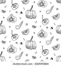 Halloween pattern with butternut squash, pie pumpkin and knucklehead. Seamless doodle style illustration for fabric and wallpaper