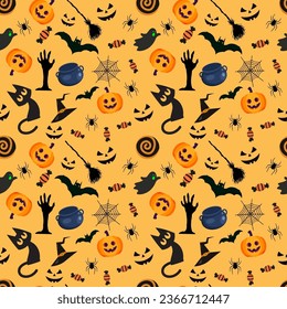 Halloween pattern with halloween candy and witch broom
