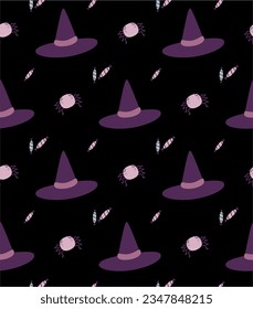 Halloween. Pattern. Candy and witch hat. Vector.