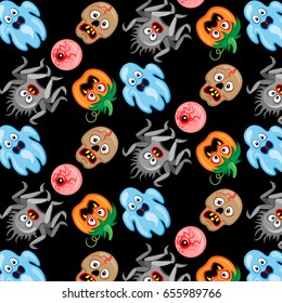Halloween pattern with cartoon holiday candies on dark background. 