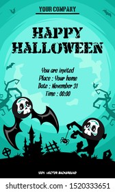 Halloween pattern. Cartoon illustration and flying bats on the background of the moon. Pattern for banner, poster, greeting card, party invitation. Vector illustration