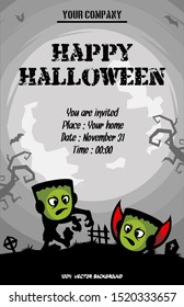 Halloween pattern. Cartoon illustration and flying bats on the background of the moon. Pattern for banner, poster, greeting card, party invitation. Vector illustration