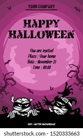 Halloween pattern. Cartoon illustration and flying bats on the background of the moon. Pattern for banner, poster, greeting card, party invitation. Vector illustration