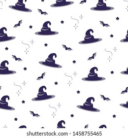 Halloween pattern. Cartoon vector. Hat, bat, star, sparkle. 