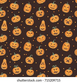 Halloween pattern with carved pumpkins with different emotions. Vector seamless brown and orange pattern for Halloween. 