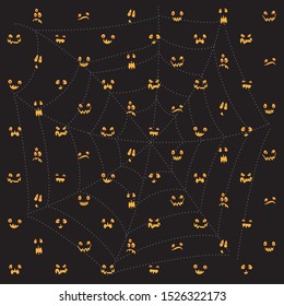 Halloween pattern carvings angry faces funny pumpkins on black background