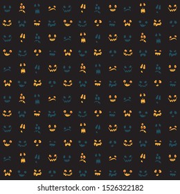 Halloween pattern carvings angry faces funny pumpkins on black background