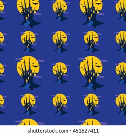  Halloween pattern with castle and  bats for fabric, wrapping paper,etc. Print colors used.