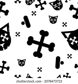 Halloween pattern with cat bones and skull in black cartoon style, for possible backgrounds of clothes, rulers, pens, front pages of informal diaries, etc.