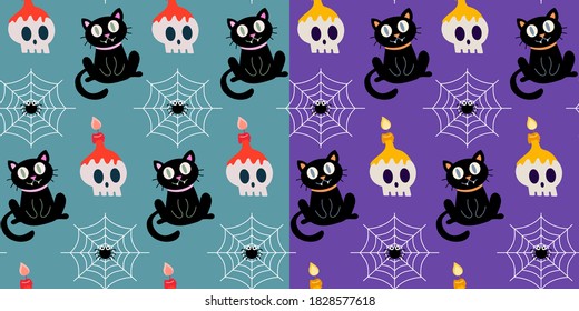 Halloween pattern with cat and skull