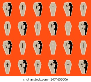 Halloween pattern with coffins. Creepy background with monster in the coffin. Party wallpaper.