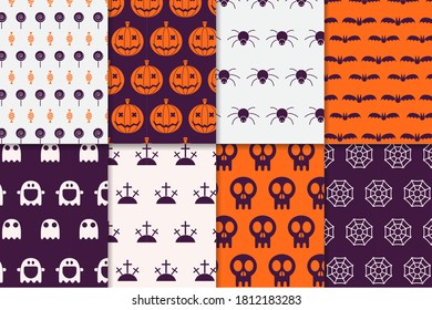 Halloween pattern collection. Set of seamless background in traditional colors. Scary halloween elements. Mystic halloween seamless pattern set of pumpkin, skull, ghost, spider, web, candy, bat.