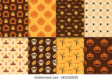 Halloween pattern collection. Set of seamless background in traditional colors. Scary halloween elements. Mystic halloween seamless pattern set of pumpkin, skull, ghost, spider, web, candy, bat.