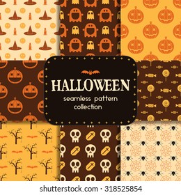 Halloween pattern collection. Set of seamless background in traditional orange colors. Mystic seamless pattern with pumpkins, skull, ghost and halloween elements.