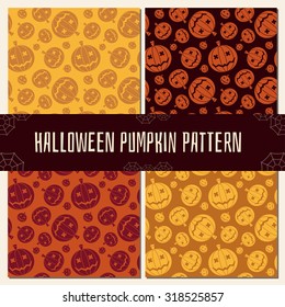 Halloween pattern collection. Set of seamless background in traditional orange colors. Mystic seamless pattern with grin pumpkin.