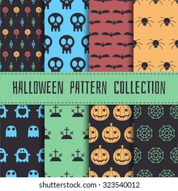Halloween pattern collection. Set of seamless background in traditional orange colors. Mystic seamless pattern with pumpkin, skull, ghost, spider, web, candy, bat. Scary halloween elements.