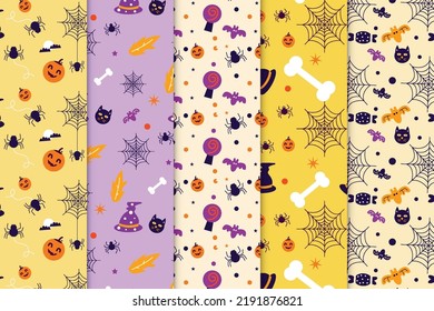 Halloween pattern collection vector with yellow and purple background. Halloween seamless pattern bundle for book covers and wallpapers. Abstract pattern set design with spooky Halloween elements.