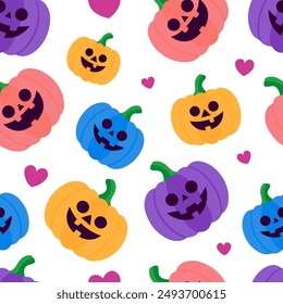 Patrón de Halloween de calabazas coloridas y corazones sobre fondo blanco. Vector Halloween patrón sin fisuras en estilo plano. Diseño para tela, textil, papel de embalaje, scrapbooking y estampados de moda.