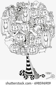 Halloween Pattern for coloring book. Set of Halloween symbols pumpkin, broom, bat, spider webs.  Hand-drawn decorative elements in vector. Black and white pattern. Zentangle.