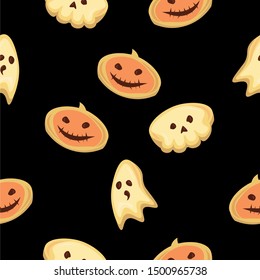 Halloween pattern. Cookies in the shape of pumpkins, skulls and ghosts on a black background.

