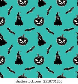 Halloween pattern with creepy pumpkin, ghost in wizards hat and bat, in hand drawn doodle style. For background, backdrop, packaging. Vector illustration