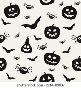 Halloween pattern with creepy pumpkins, bats, and spiders. Seamless texture. Vector