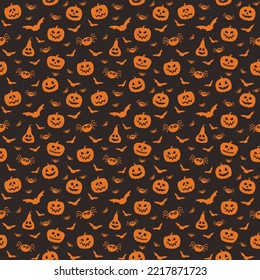 Halloween pattern with creepy pumpkins, bats, and spiders. Seamless texture. Vector