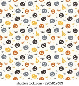 Halloween pattern with creepy pumpkins and spiders. Seamless texture. Vector