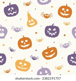 Patrón de Halloween con calabazas espeluznantes y arañas. Textura sin inconvenientes. Vector