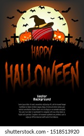 Halloween pattern. Cricket ball with witch hat, pumpkins, flying bats and crosses on the background of the moon. Pattern for banner, poster, greeting card, party invitation. Vector illustration