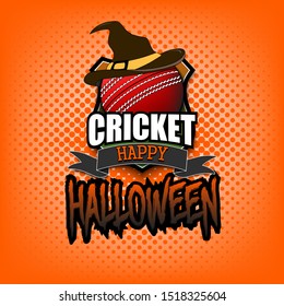 Halloween pattern. Cricket logo template design. Cricket ball with witch hat. Pattern for banner, poster, greeting card, party invitation. Vector illustration