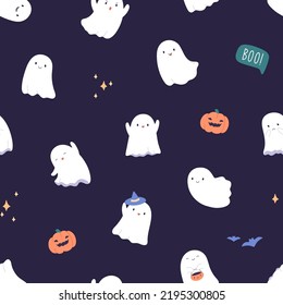 Halloween pattern with cute baby ghosts, pumpkins. Seamless background with happy holiday spooks, repeating print. Childish texture design with spooky boo characters. Colored flat vector