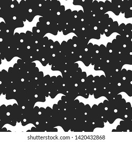 Halloween pattern with cute bat in the night sky for party decoration. Funny october night gold seamless background.