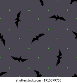 Halloween pattern with cute bat in the night sky for party decoration. Funny october night gold seamless background.