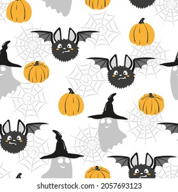 Halloween pattern with cute black bats, ghosts and pumpkins
