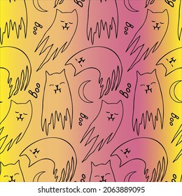 Halloween pattern with cute cats ghosts and vampires with a crescent moon on a yellow and pink background. All saints day seamless vector ornament.