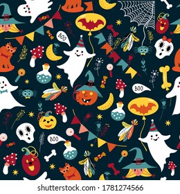 Halloween pattern with cute ghost, pumpkin, spider on web. Seamless with funny skull, witch on hat, cat with glasses. Set of elements for party such as moon, flowers, bone, candy