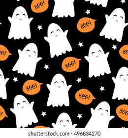 Halloween pattern with cute ghost, stars and text clouds. Vector seamless background.