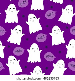 Halloween pattern with cute ghost and text clouds. Vector seamless background.