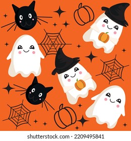 Halloween pattern cute ghosts, cats, cobwebs