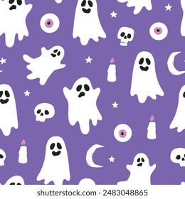 Halloween pattern with cute ghosts on purple background for nursery prints, textile, wallpaper, wrapping paper, craft projects, etc. EPS 10