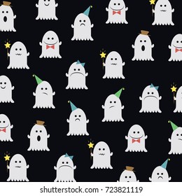 Halloween pattern with cute ghosts.Ghost emoji,characters,icons.For Halloween poster,invitation cards design background.For textile,fabric,prints,wallpaper and t-shirt design.Vector illustration.