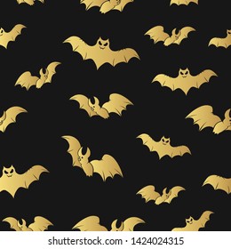 Halloween pattern with cute golden bat silhouettes. Horror party background. Paper wrap gold texture.