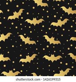 Halloween pattern with cute golden bat silhouettes in the sky. Horror holiday party gold background. Paper wrap texture.