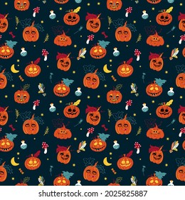 Halloween pattern with cute pumpkin. Seamless with funny pumpkins. Set of elements for party such as moon, flowers, bone,