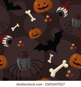 halloween pattern with cute pumpkin, skull, bat, spider