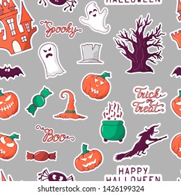 Halloween pattern with cute pumpkins, bat, candy, spooky ghosts, haunted house, witch and spiders. Halloween background for party celebration.